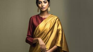 elegant indisch Frau tragen traditionell Gelb und rot Sari foto