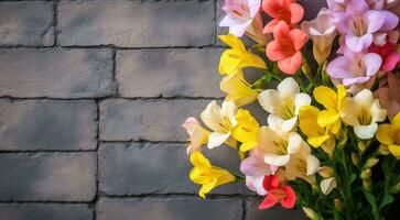 ai generiert Blumen auf Backstein Mauer foto