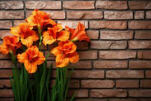 ai generiert Blumen auf Backstein Mauer foto