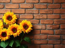 ai generiert Blumen auf Backstein Mauer foto