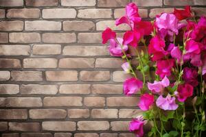 ai generiert Blumen auf Backstein Mauer foto