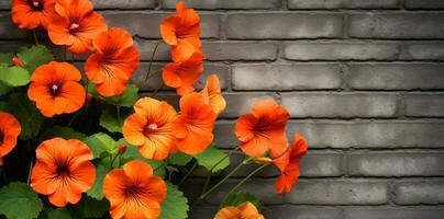 ai generiert Blumen auf Backstein Mauer foto