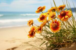 ai generiert Blumen auf Strand foto