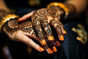 ai generiert schön mehndi Designs auf weiblich Hände foto