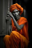 ai generiert faszinierend Porträt von ein einheimisch indisch mit Orange Haar foto