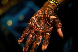 ai generiert schön Henna Design auf ein Frau Hand foto