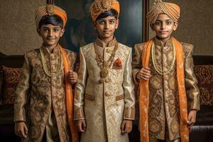 ai generiert das drei indisch Fürsten im ihr kulturell Kleidung foto