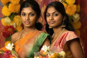 ai generiert schön indisch Frauen tragen traditionell Kleidung foto