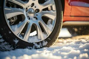 ai generiert Rad mit Winter Auto Reifen auf schneebedeckt Straße foto