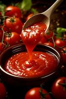ai generiert Ketchup oder Tomate Soße im ein Schüssel mit frisch Tomaten foto