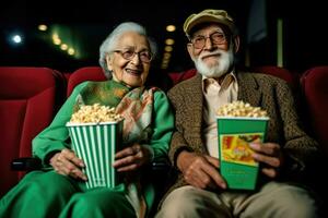 ai generiert ein Paar von älter Paar genießen ein Film beim das Kino foto