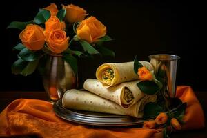 ai generiert köstlich Crepes mit Orange Blüten und Tortilla foto
