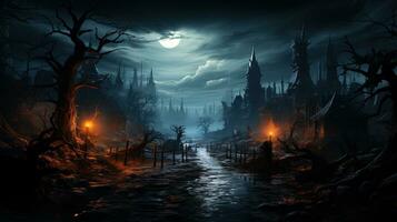 Fantastisch Nacht Landschaft Hintergrund zum Halloween. ai generativ Kunst foto