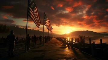 ai generiert uns Heer respektiert im Vorderseite von ein Schiff mit das amerikanisch Flagge im Silhouette Landschaft foto