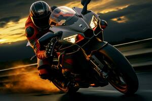 ai generiert Autobahn Eleganz Motorrad Fahrer auf das Straße beim Sonnenuntergang, Sport foto