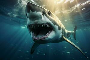 ai generiert Tierwelt Achtung Hai Schwimmen mit mächtig Kiefer, ein großartig Raubtier foto