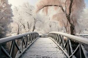 ai generiert eisig Schönheit botanisch Garten Winter Landschaft, Brücke Über gefroren Wasser, Schnee bedeckt Bäume foto