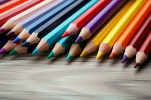 ai generiert lehrreich Lebendigkeit Schule Bleistifte präsentieren ein Array von lebhaft Farben foto