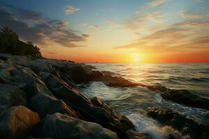 ai generiert Küsten Ruhe Sonnenuntergang Farben das felsig Ufer von ein tropisch Strand foto