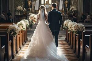 ai generiert schön kaukasisch Weiß Braut und Bräutigam zusammen im das Kirche foto
