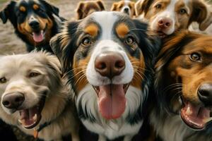 ai generiert Hündchen Schnappschuss ein Selfie mit ein lebhaft Gruppe von Hunde foto