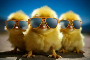 ai generiert cool Küken klein Gelb Geflügel tragen Sonnenbrille, glücklich Bauernhof Baby foto