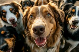 ai generiert Hündchen Schnappschuss ein Selfie mit ein lebhaft Gruppe von Hunde foto