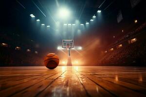 ai generiert Basketball Arena hölzern Gericht, Band, und Spieler im heftig Turnier Aktion foto