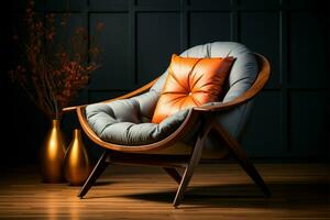 ai generiert Zuhause Ästhetik Architektur Sessel mit Sanft Kopfkissen, gemütlich Design foto