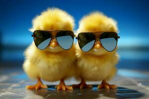 ai generiert winzig Trendsetter Küken mit Sonnenbrille, Glücklich, klein, Frühling Bauernhof Tier foto