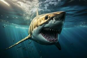 ai generiert ozeanisch Drohung großartig Raubtier Hai mit gefährlich Zähne Schwimmen unter Wasser foto