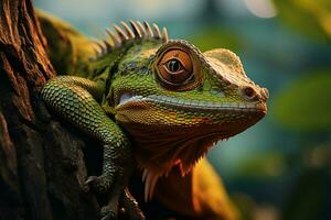 ai generiert schließen oben Reptil auf ein Baum Ast gegen atemberaubend natürlich Hintergrund foto