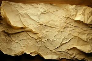 ai generiert Jahrgang Manuskript schließen oben von zerknittert Pergament mit Sepia getönt Streifen foto
