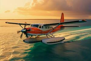 ai generiert Sonnenuntergang Ankunft Wasserflugzeug Landung auf Malediven Meer, Luxus Reise Szene foto