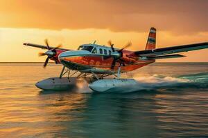 ai generiert exotisch Reise Wasserflugzeug Über Malediven Meer beim Sonnenuntergang, Luxus Konzept foto