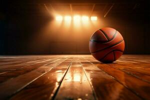 ai generiert Reifen Intensität Basketball Turnier auf ein texturiert Holz Gericht Hintergrund foto