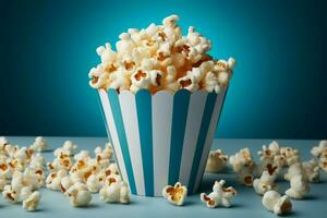 ai generiert Kino klassisch Blau Popcorn Kasten, ein lecker behandeln auf Weiß foto