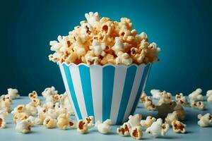 ai generiert Kino klassisch Blau Popcorn Kasten, ein lecker behandeln auf Weiß foto