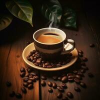ai generiert Sammlung von visuell reizvoll Morgen Arabica schwarz Kaffee Tassen und Bohnen foto