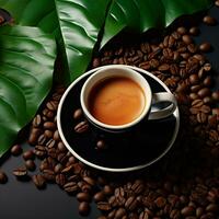 ai generiert Sammlung von visuell reizvoll Morgen Arabica schwarz Kaffee Tassen und Bohnen foto