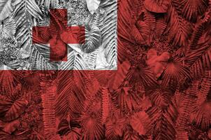 Tonga Flagge abgebildet auf viele Blätter von Monstera Palme Bäume. modisch modisch Hintergrund foto