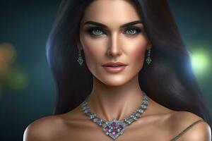 ai generiert Porträt von ein schön Frau mit ein Diamant Halskette. neural Netzwerk ai generiert foto