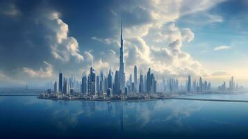 ai generiert Dubai Horizont beim Sonnenuntergang, vereinigt arabisch Emirate foto