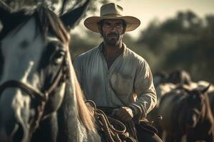 ai generiert Porträt Senior Mann im Cowboy Hut zu Pferd Reiten auf Berg Pfad. neural Netzwerk ai generiert foto