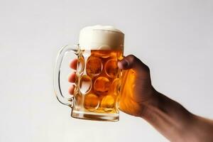 ai generiert Hand halten ein Glas von Bier auf ein Weiß Hintergrund. neural Netzwerk ai generiert foto