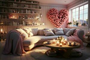 ai generiert romantisch Rückzug modern Valentinstag Leben Zimmer, modern Leben Zimmer dekoriert zum Valentinstag foto