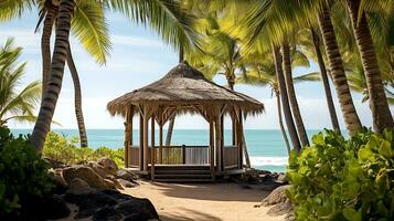 ai generiert Porträt von Pavillon auf das Strand mit Kokosnuss Bäume um. gemütlich hölzern Pavillon auf tropisch Strand. generativ ai foto