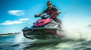 ai generiert Porträt von ein Mann Fahrten ein Jet Ski auf das Strand. jung Erwachsene männlich ist glücklich während Jet Skifahren. Urlaub, Wochenende, Urlaube Konzept. generativ ai foto