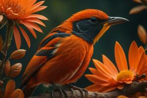 ai generiert rothäutig Star Vogel auf Orange Blume Hintergrund. generativ ai foto