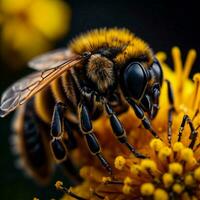 ai generiert Makro Schuss von ein Biene Sammeln Pollen von ein Gelb Blume. generativ ai foto